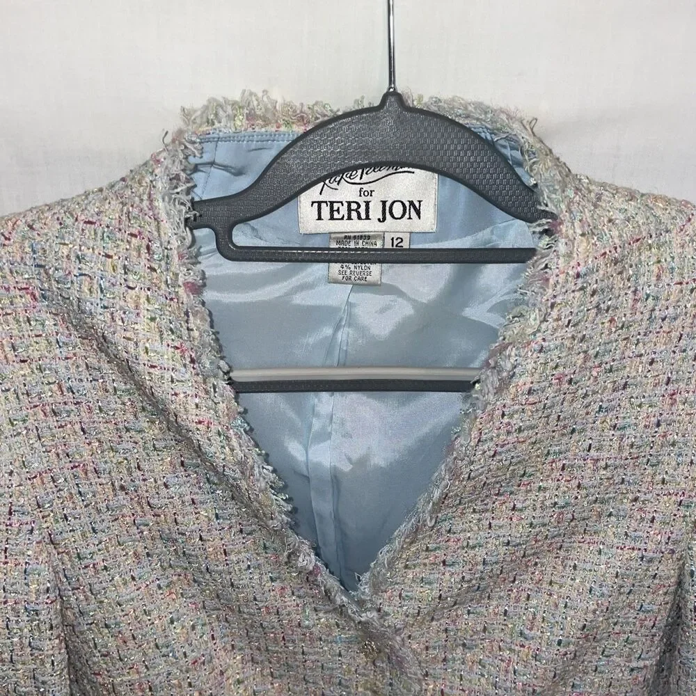 Vtg Rickie Freeman Teri Jon Women’s Tweed Outfit Size 12 Multicolor Jacket Skirt